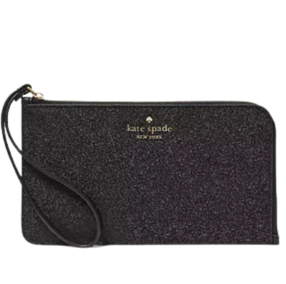 NWT Kate Spade New York Lucy Black Glitter Medium L-Zip Wristlet
